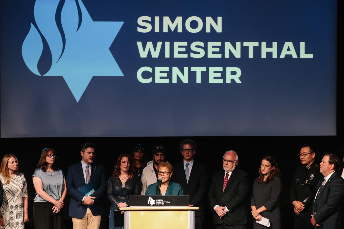Los Angeles Mayor Karen Bass speaks during a news conference in response to the violence outside a synagogue.