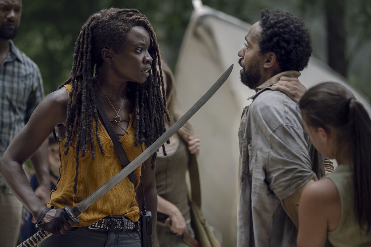 Danai Gurira as Michonne and Kevin Carrol as Virgil in Season 10 of "The Walking Dead."
