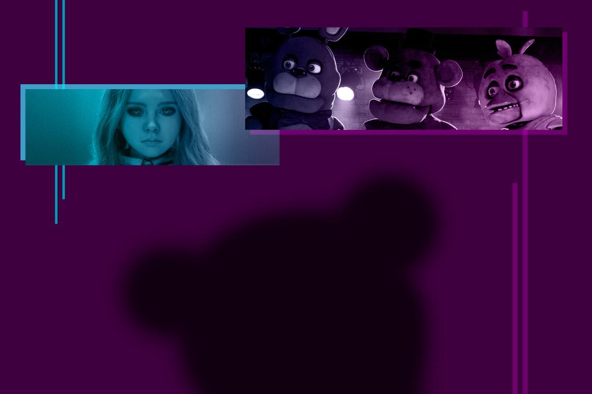 photo illustration of film stills of Megan and Five Nights at Freddy's, a shadow of a bear in the center.