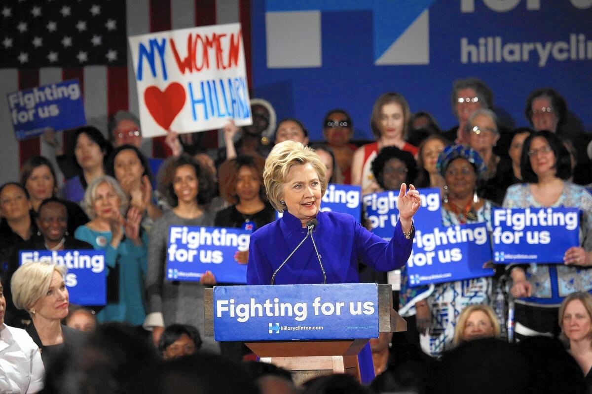 NEEDS A NEW CAPTION 2016--Democratic presidential candidate Hillary Clinton speaks at a rally for women at the Hilton Hotel in Manhattan addressing a crowd of about 100 people. (Carolyn Cole/Los Angeles Times)