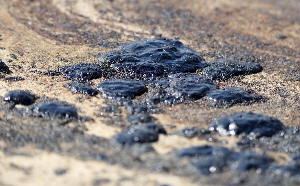 Crude oil covers the sand at the mouth of the Santa Ana River in Newport Beach on Sunday.