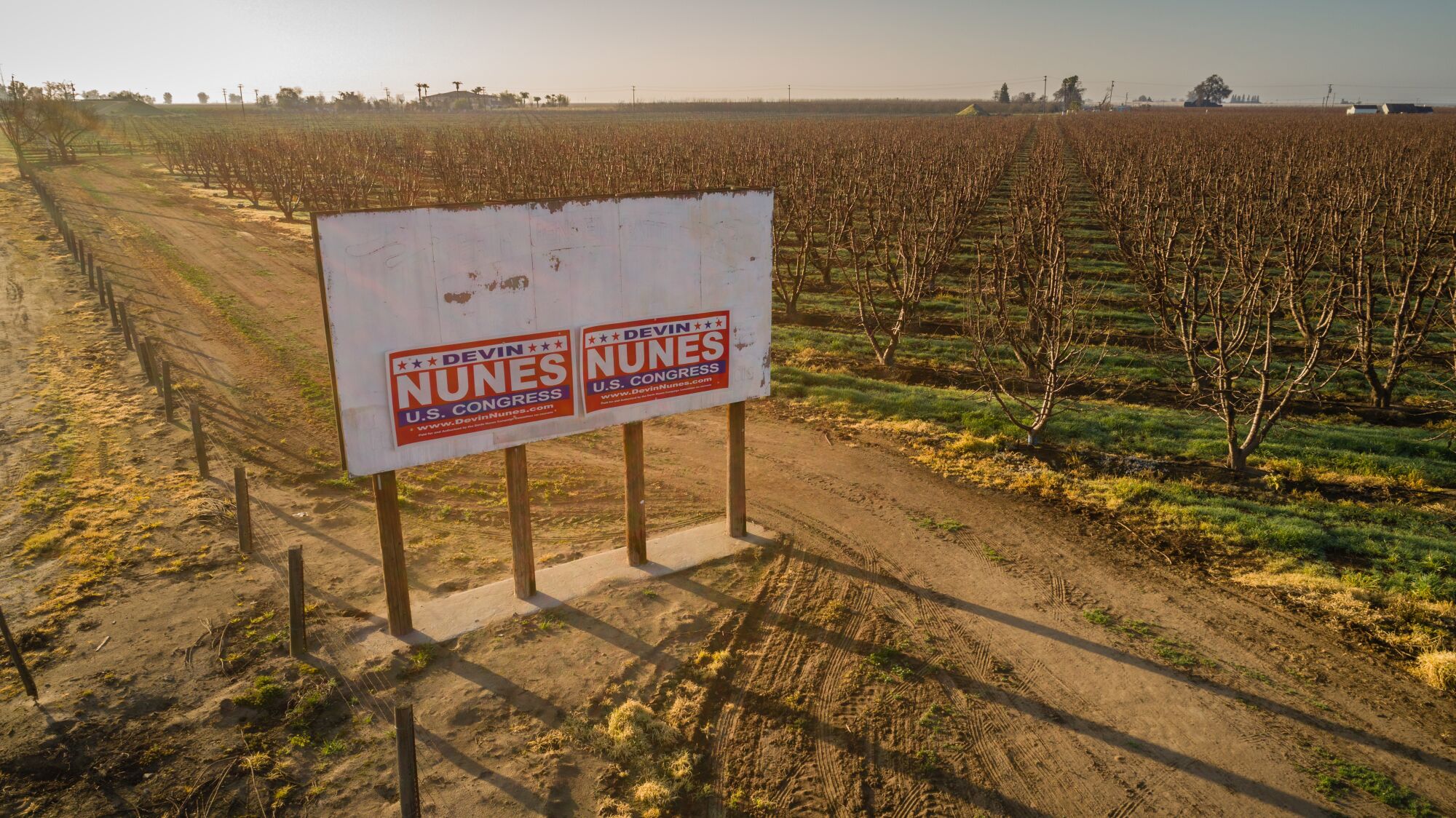 A Devin Nunes sign stands next to a stone fruit  orchard near Traver