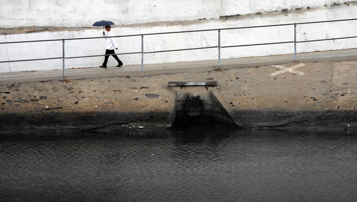A pedestrian walks on a path along Ballona Creek, which drains part of the Los Angeles Basin and carries contaminated runoff to Santa Monica Bay.