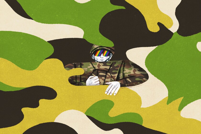 A soldier in a combat uniform and rainbow sunglasses surrounded by camouflage colors. 