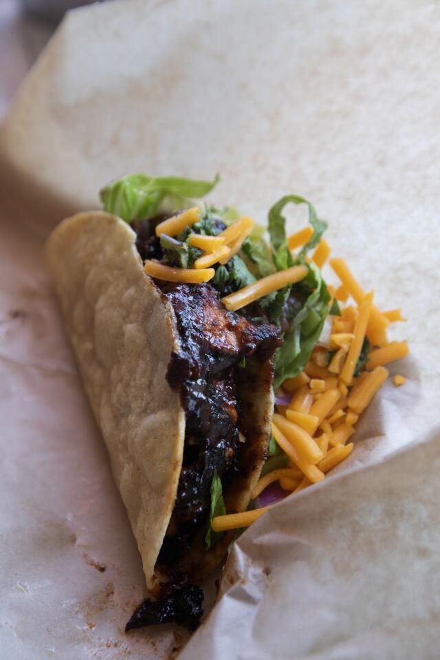 A barbecue salmon taco from Worldwide Tacos in Leimert Park.