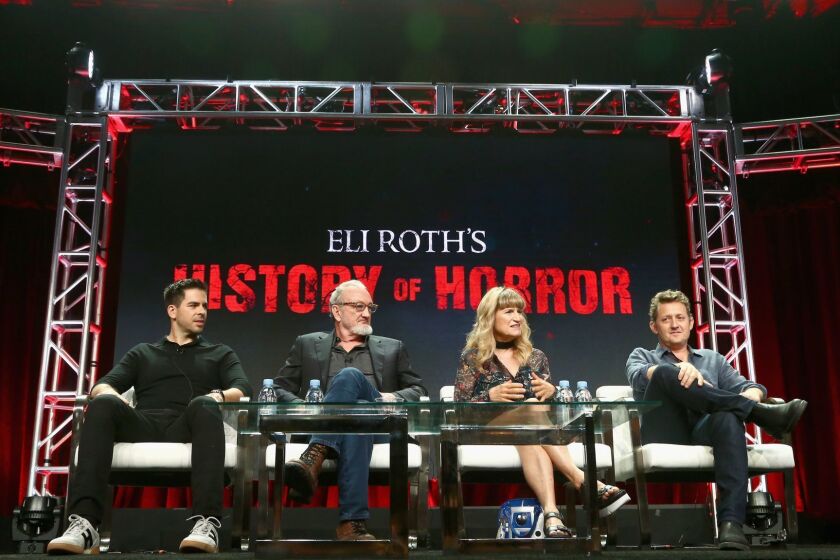 LOS ANGELES, CA - JULY 28: (L-R) Executive producer Eli Roth, actor Robert Englund, director Catherine Hardwicke and actor Alex Winter of 'AMC Visionaries: Eli Roth?s History of Horror' speak onstage during the AMC Networks portion of the Summer 2018 TCA Press Tour at The Beverly Hilton Hotel on July 28, 2018 in Los Angeles, California. (Photo by Tommaso Boddi/Getty Images for AMC) ** OUTS - ELSENT, FPG, CM - OUTS * NM, PH, VA if sourced by CT, LA or MoD **
