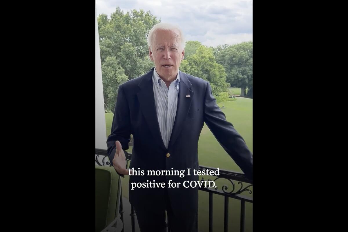 In this image from video released by the White House, President Joe Biden speaks in from the White House in a video released on Thursday, July 21, 2022, in Washington. Biden says he's "doing great" after testing positive for COVID-19. The White House said Thursday the 79-year-old Biden is experiencing "very mild symptoms," including a stuffy nose, fatigue and cough. He's taking Paxlovid, an antiviral drug designed to reduce the severity of the disease. (The White House via AP)