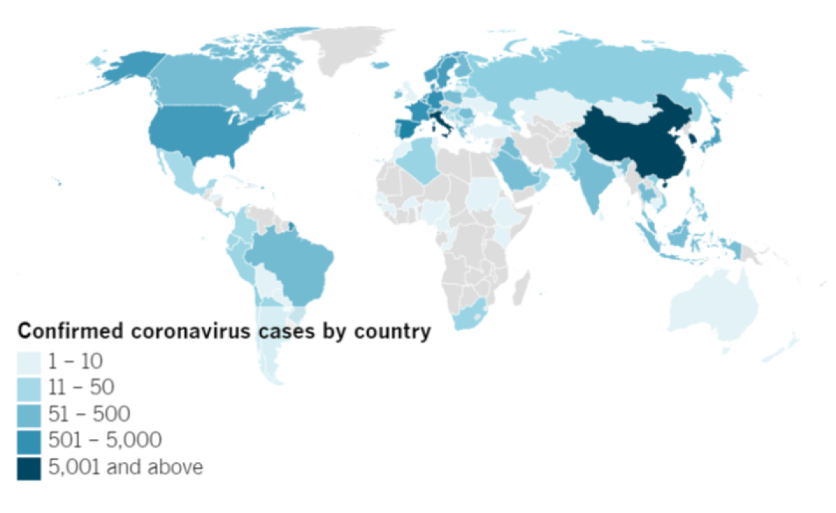 Confirmed COVID-19 cases by country as of 4:00 p.m. Friday, March 13, 2020. Click to see the interactive map.