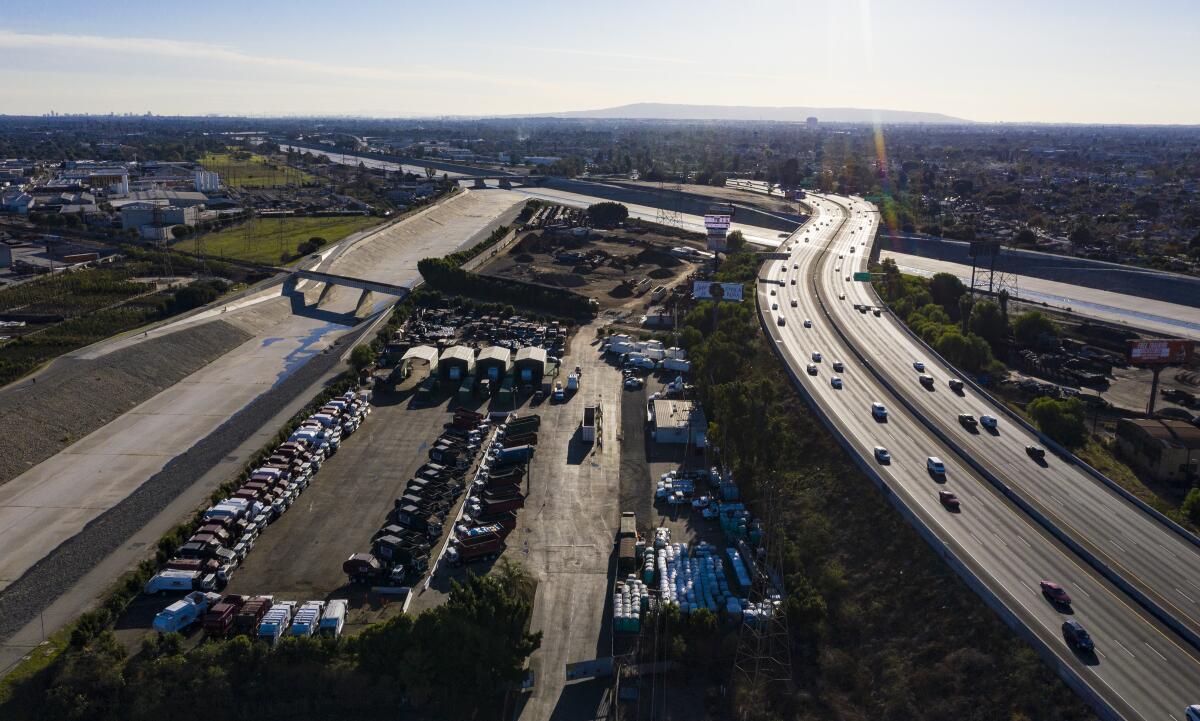 An aerial view of the 710 Freeway, right, in South Gate near where  Los Angeles River and Rio Hondo converge 