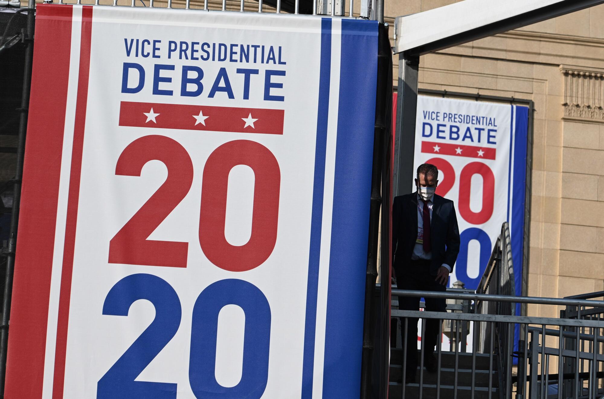 Signs outside the debate hall say Vice Presidential Debate 2020