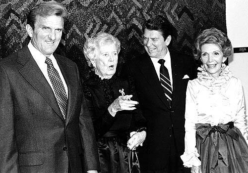 President-elect Ronald Reagan and his wife, Nancy Reagan, are honored at the Los Angeles Music Center in 1980 during an event hosted by Otis Chandler and his mother, Dorothy.