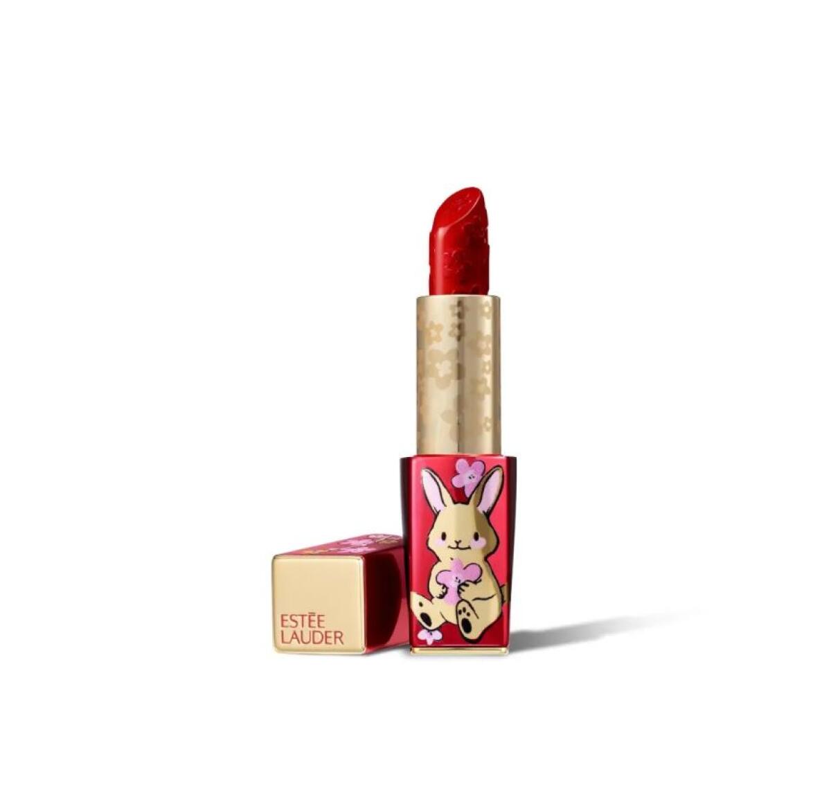 Estee Lauder red lipstick comes in a tube with a rabbit on it