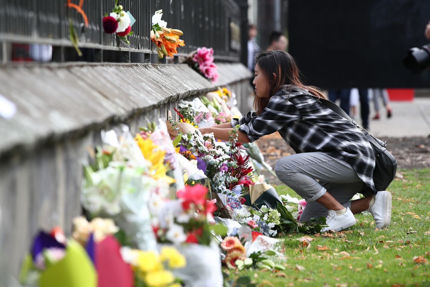 A mourner lays flowers outside the Botanic Gardens in Christchurch.