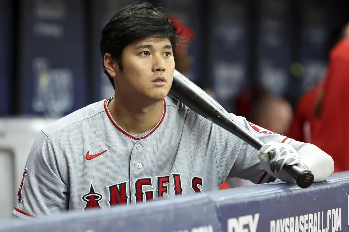The Angels' Shohei Ohtani warms up prior to a game.