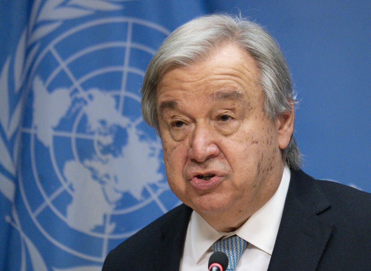 United Nations Secretary-General Antonio Guterres addresses reporters.
