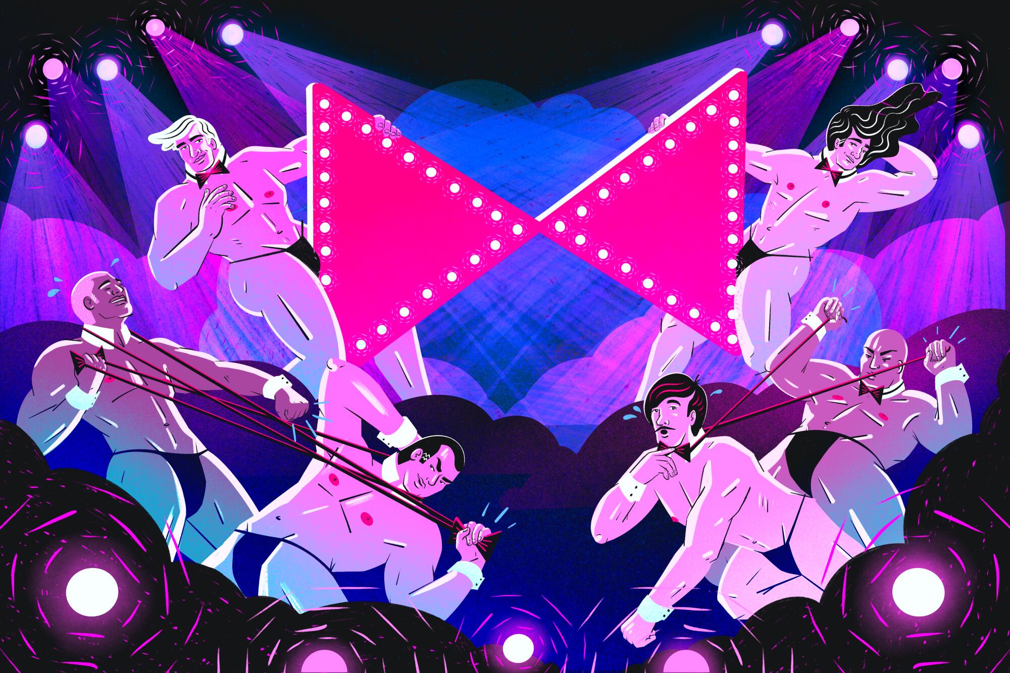 Illustration of several male dancers fighting in a dark club with a large pink bow tie