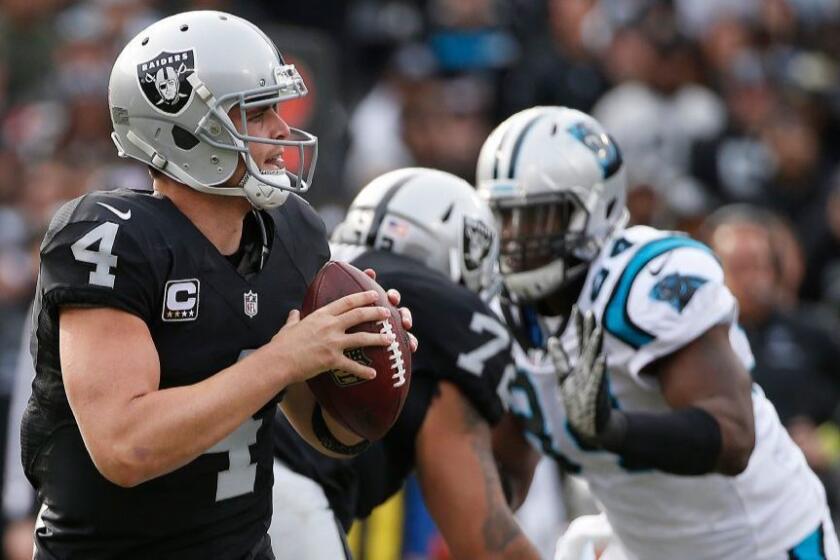 Raiders quarterback Derek Carr looks to throw against the Panthers during the first half of a game on Nov. 27.