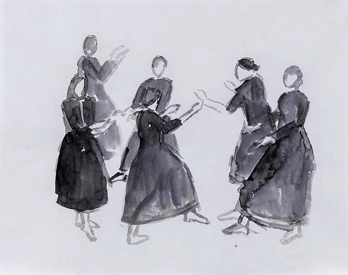 A black and white watercolor of women dancing. 