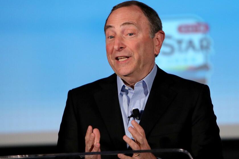 SAN JOSE, CALIFORNIA - JANUARY 25: NHL Commissioner Gary Bettman speaks during a press conference during the NHL All Star Week at the McEnery Convention Center on January 25, 2019 in San Jose, California. (Photo by Bruce Bennett/Getty Images) ** OUTS - ELSENT, FPG, CM - OUTS * NM, PH, VA if sourced by CT, LA or MoD **
