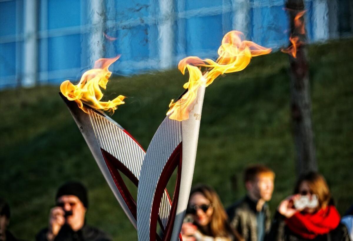 Torch bearers participate in the relay for the Sochi Winter Games.