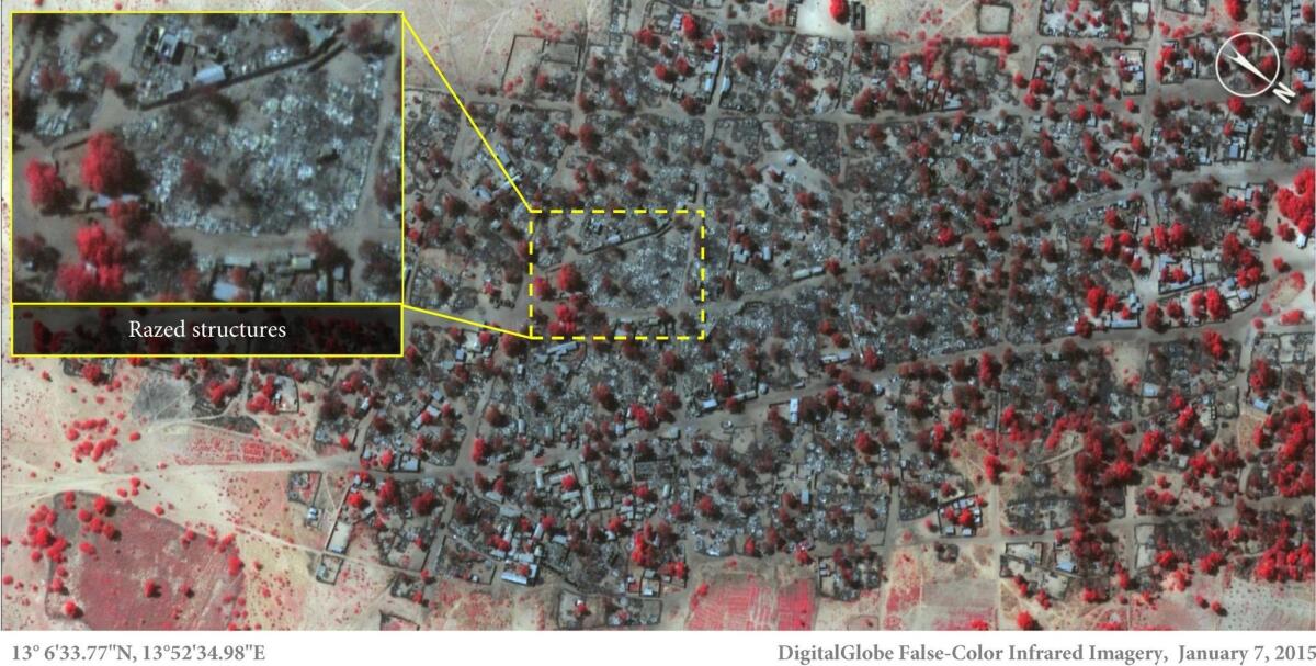 A satellite image taken on Jan. 7 and released by Amnesty International shows damage to the town of Doron Baga in northeastern Nigeria after an attack by members of the extremist group Boko Haram.