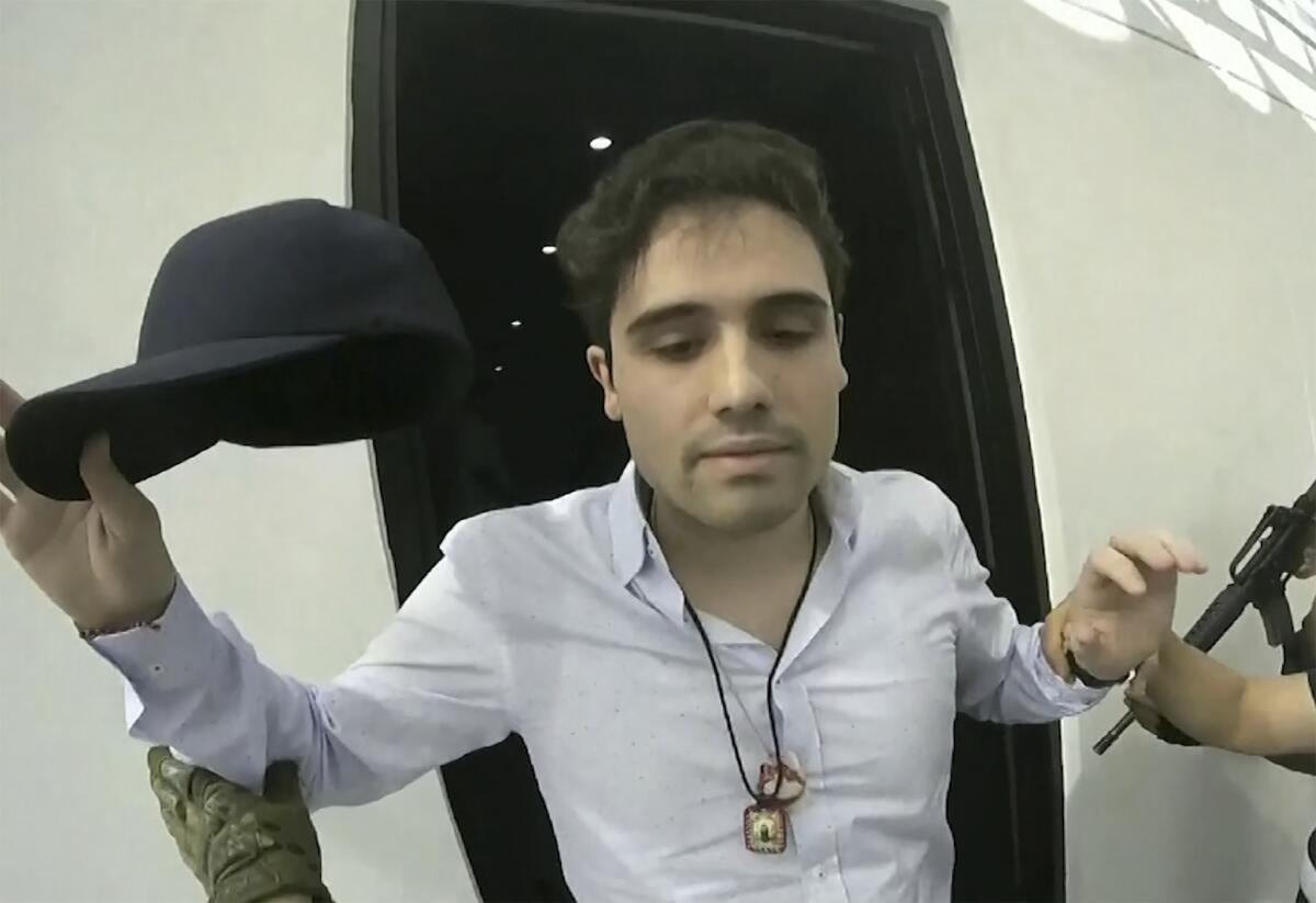 Image from the video of Ovidio Guzmán López being arrested in Culiacán, Mexico.