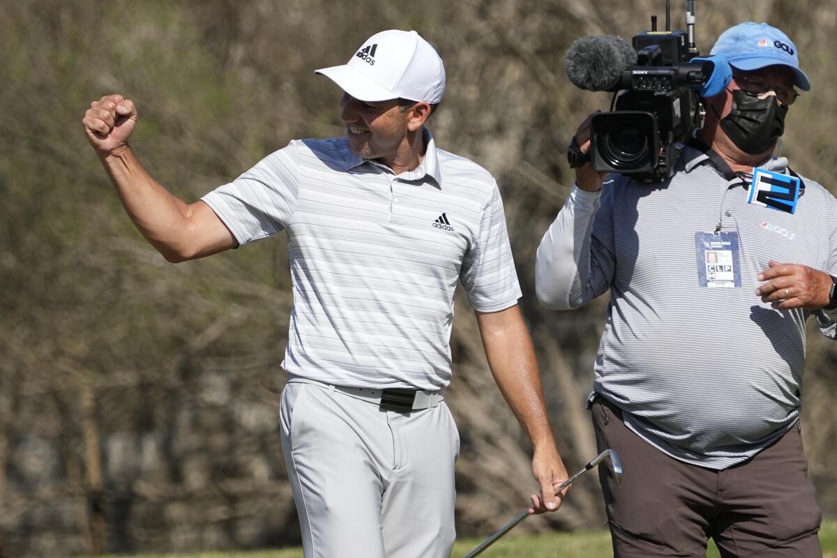 Sergio Garcia celebrates his hole in one that won his playoff against Lee Westwood at the Dell Technologies Match Play event.