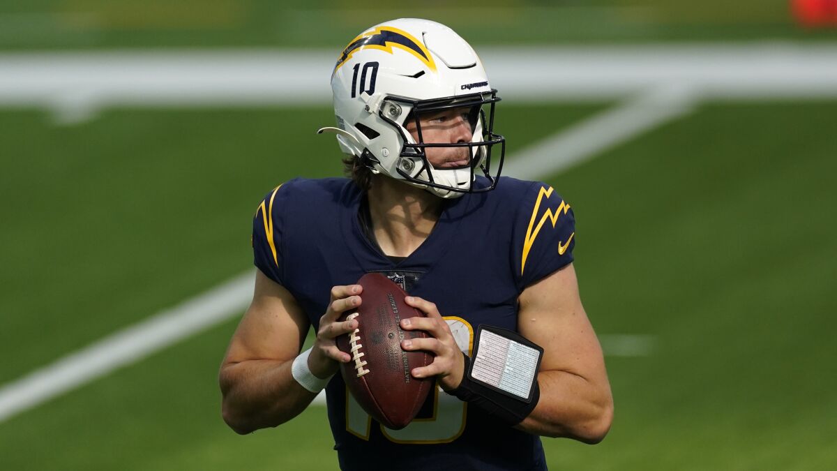 Chargers quarterback Justin Herbert is pictured against the Las Vegas Raiders on Nov. 8, 2020, in Inglewood, Calif.