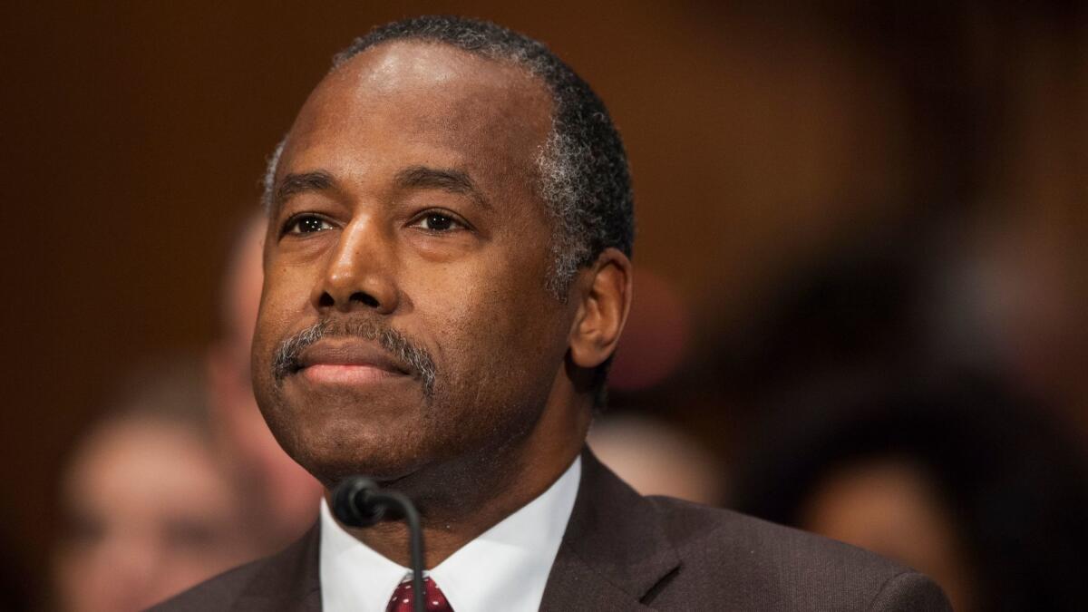 Ben Carson, Donald Trump's choice for Housing and Urban Development secretary, testifies Thursday on Capitol Hill.