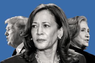 Photo illustration of Kamala Harris (center) with Donald Trump and Hillary Clinton left/right in the background