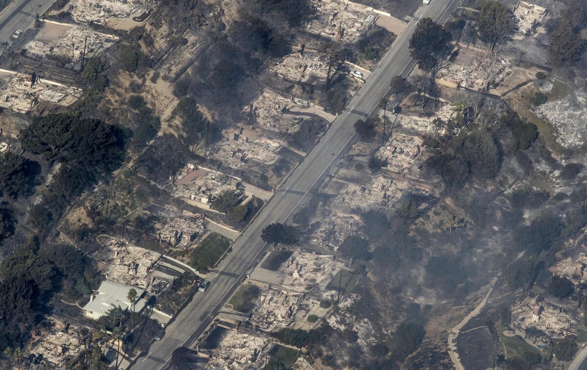 An aerial view shows burned-out homes in Ventura County following the Thomas fire.