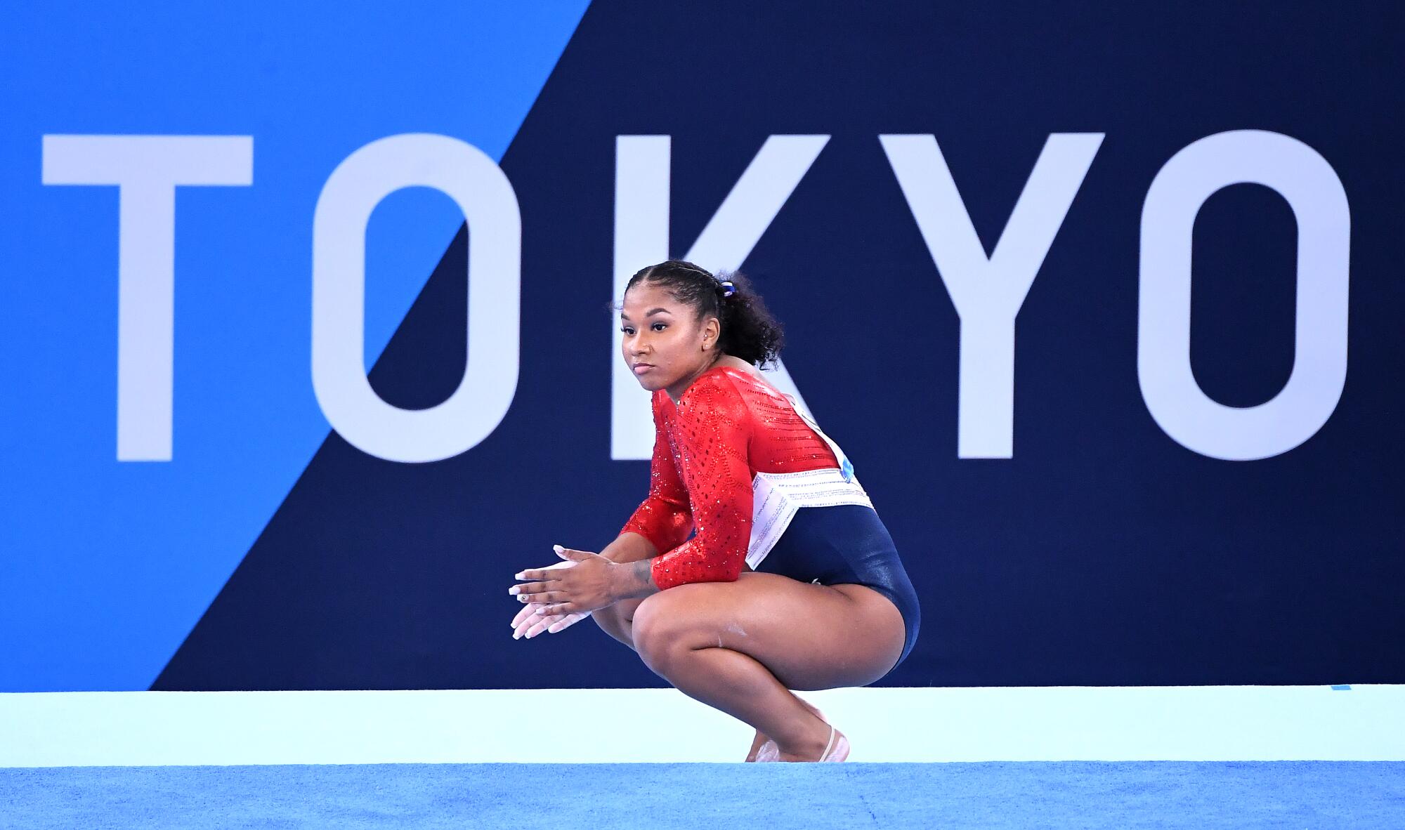 U.S. gymnast Jordan Chiles waits to compete in the floor exercise in the women's team final.