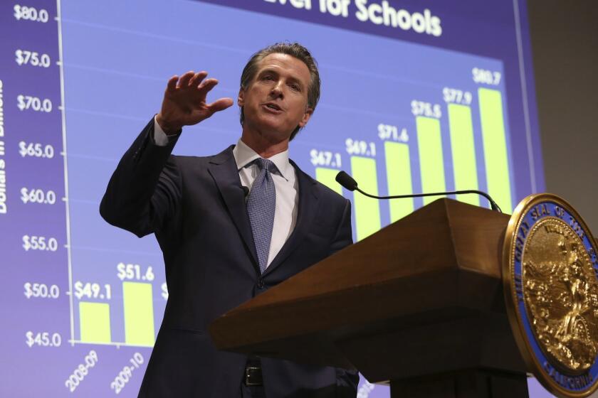 California Gov. Gavin Newsom presents his first state budget during a news conference, Thursday, Jan. 10, 2019, in Sacramento, Calif. (AP Photo/Rich Pedroncelli)