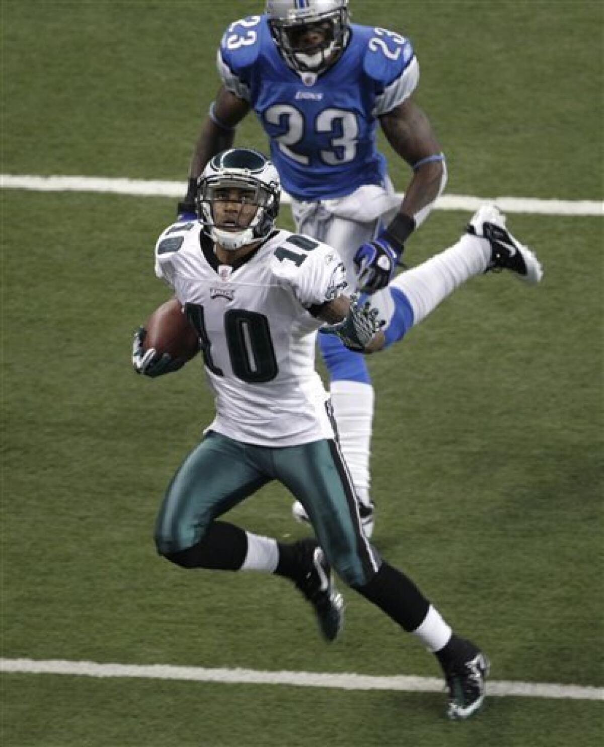 Philadelphia Eagles wide receiver DeSean Jackson scores a touchdown on a 45-yard reception from Michael Vick against the Detroit Lions in the first quarter of an NFL football gamein Detroit, Sunday, Sept. 19, 2010. (AP Photo/Paul Sancya)
