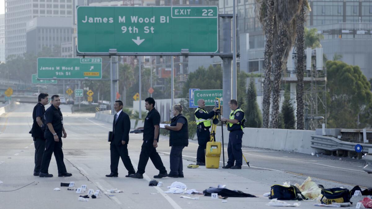 The California Highway Patrol shut down northbound lanes of the 110 Freeway in downtown Los Angeles after a man was shot by a CHP officer.