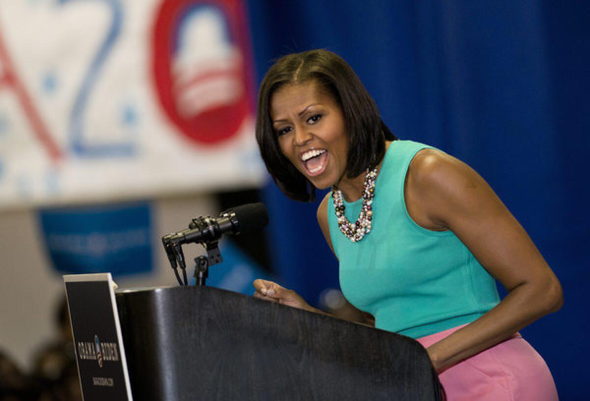First Lady Michelle Obama speaks during a rally at the VFW Post 1503 in Dale City, Va.