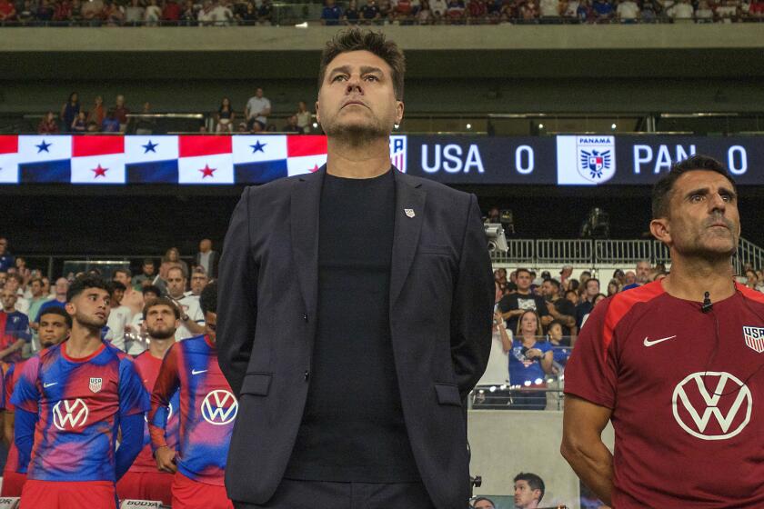 United States head coach Mauricio Pochettino, front left, and first assistant coach Jesus Perez.