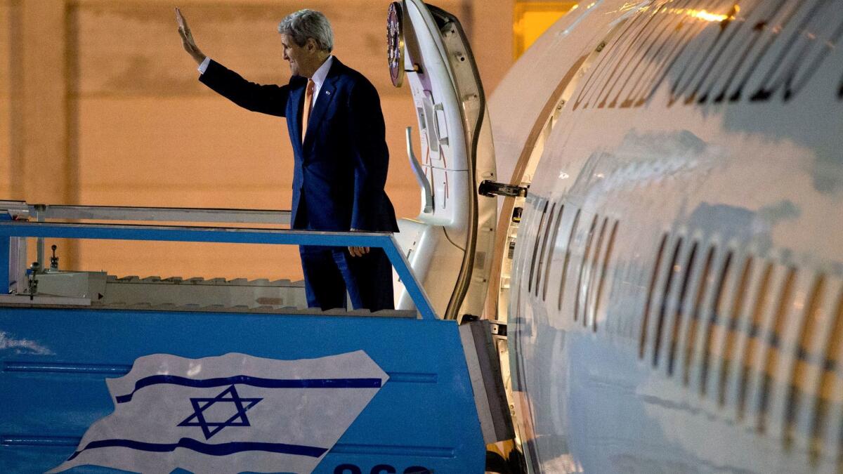 In this Nov. 24, 2015, photo, U.S. Secretary of State John F. Kerry departs Israel after meetings in Jerusalem and the West Bank city of Ramallah.