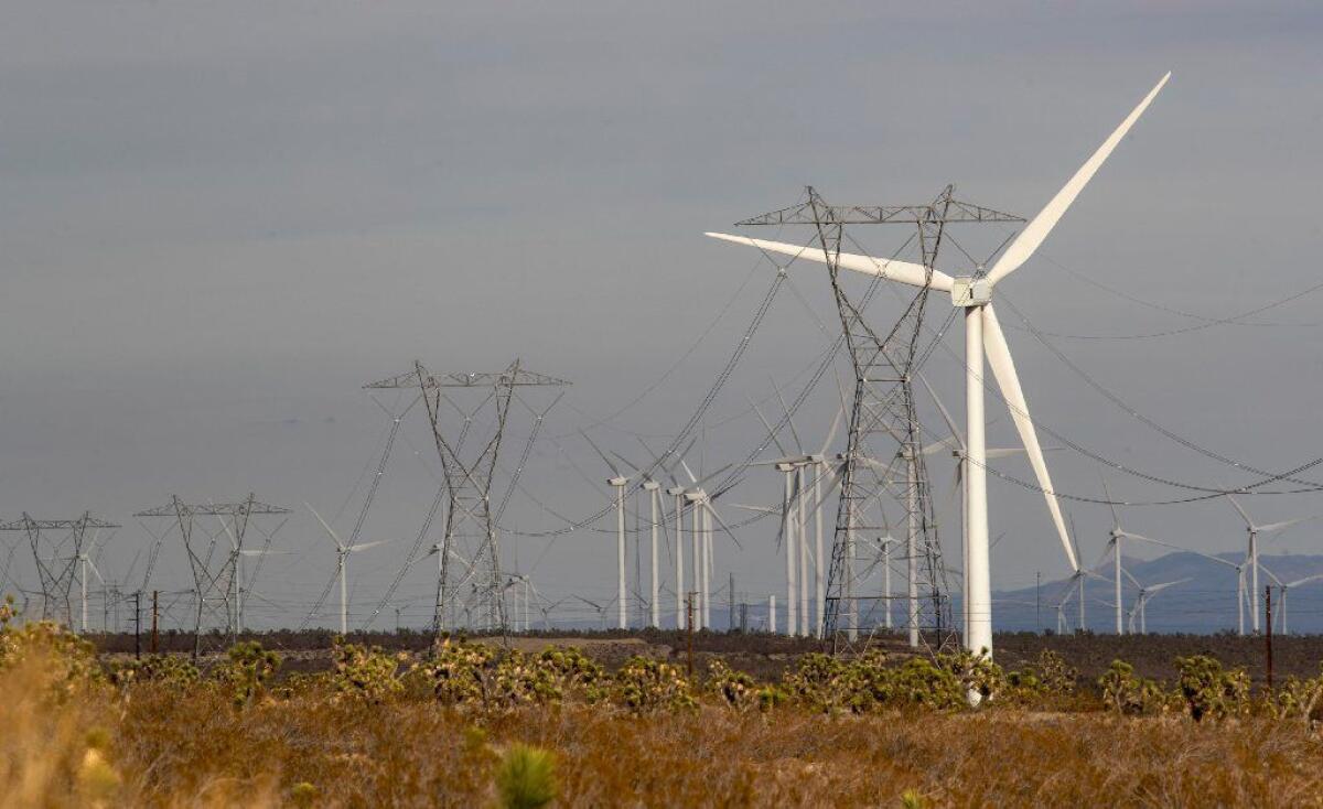 Wind turbines generate electricity that is transmitted through power lines in California's Tehachapi Wind Resource Area.