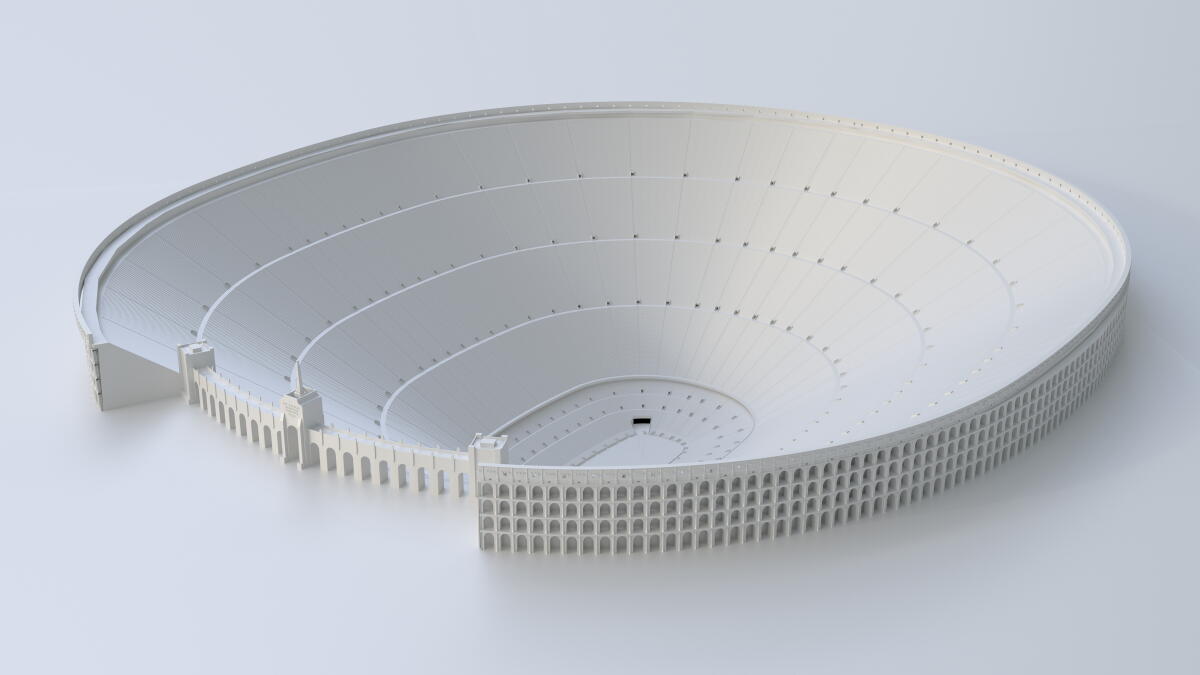 "Vitruvian Figure (Los Angeles Memorial Coliseum)," 2026, 3D model by Paul Pfeiffer.