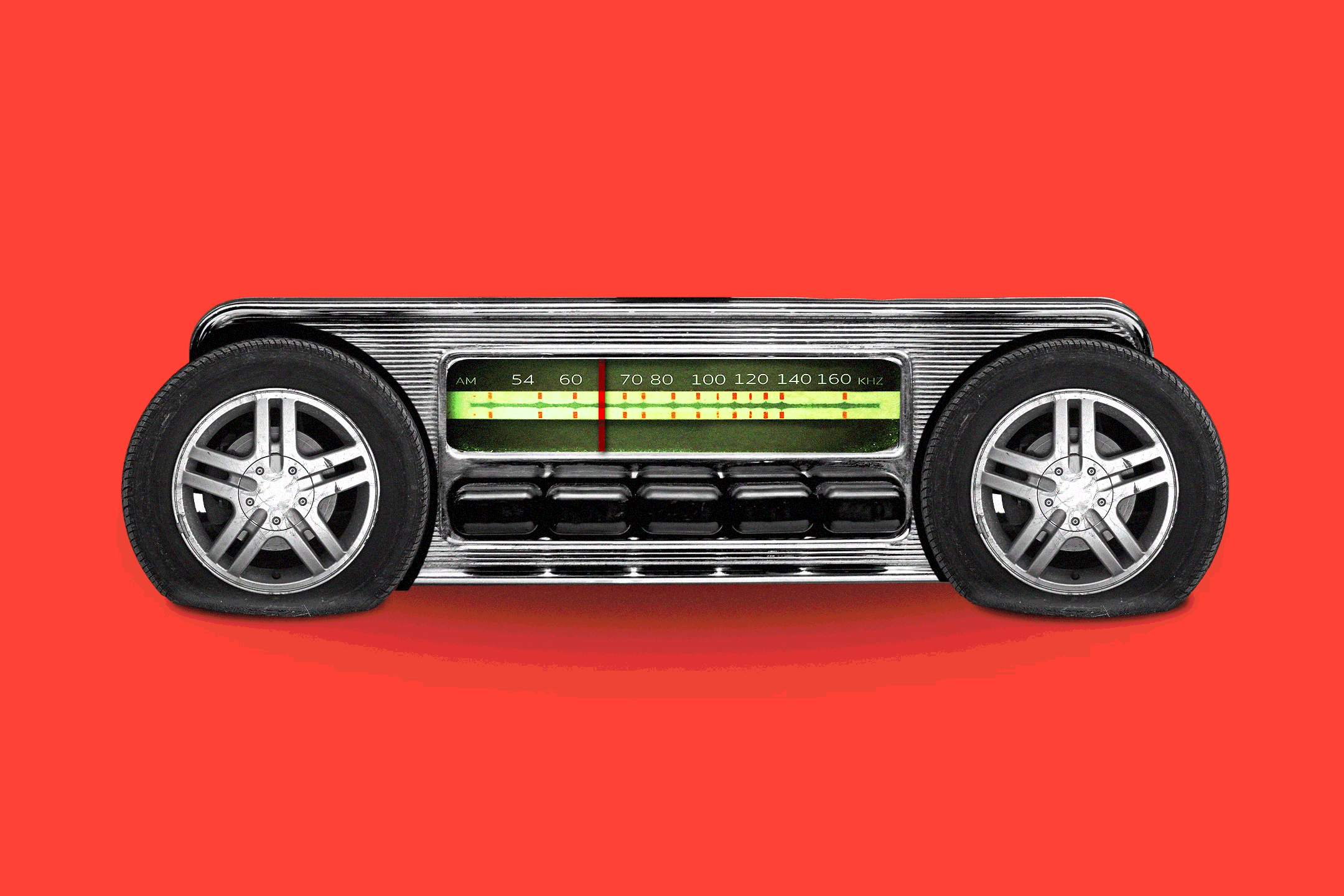An illustration of an old AM radio merged with a car that has flat tires