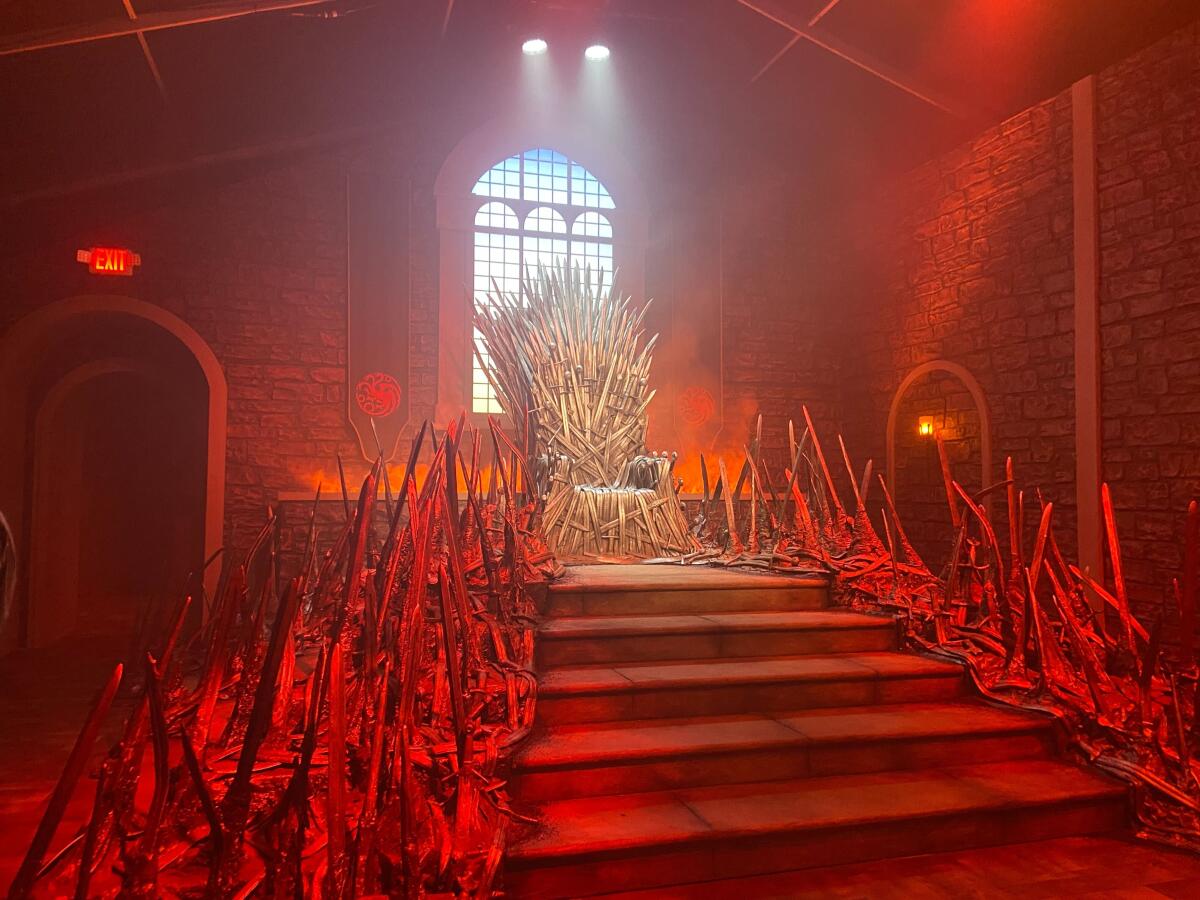 An elaborate throne, seen inside the "House of the Dragon" activation at Comic-Con .