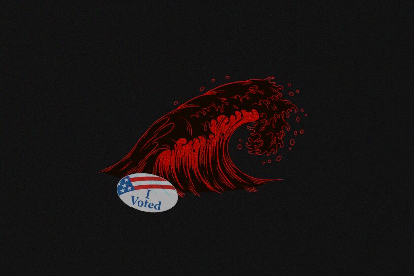 illustration of a red wave and an "I voted" sticker