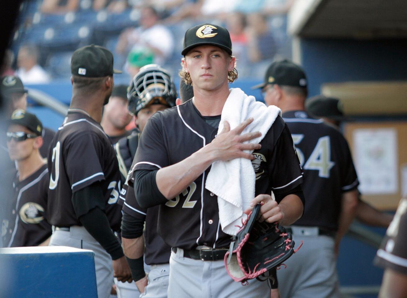 Michael Kopech, a pitcher for the Charlotte Knights, in the dugout before he plays against the Norfolk Tides at Harbor Park in Norfolk, Va., on Aug. 21, 2017.