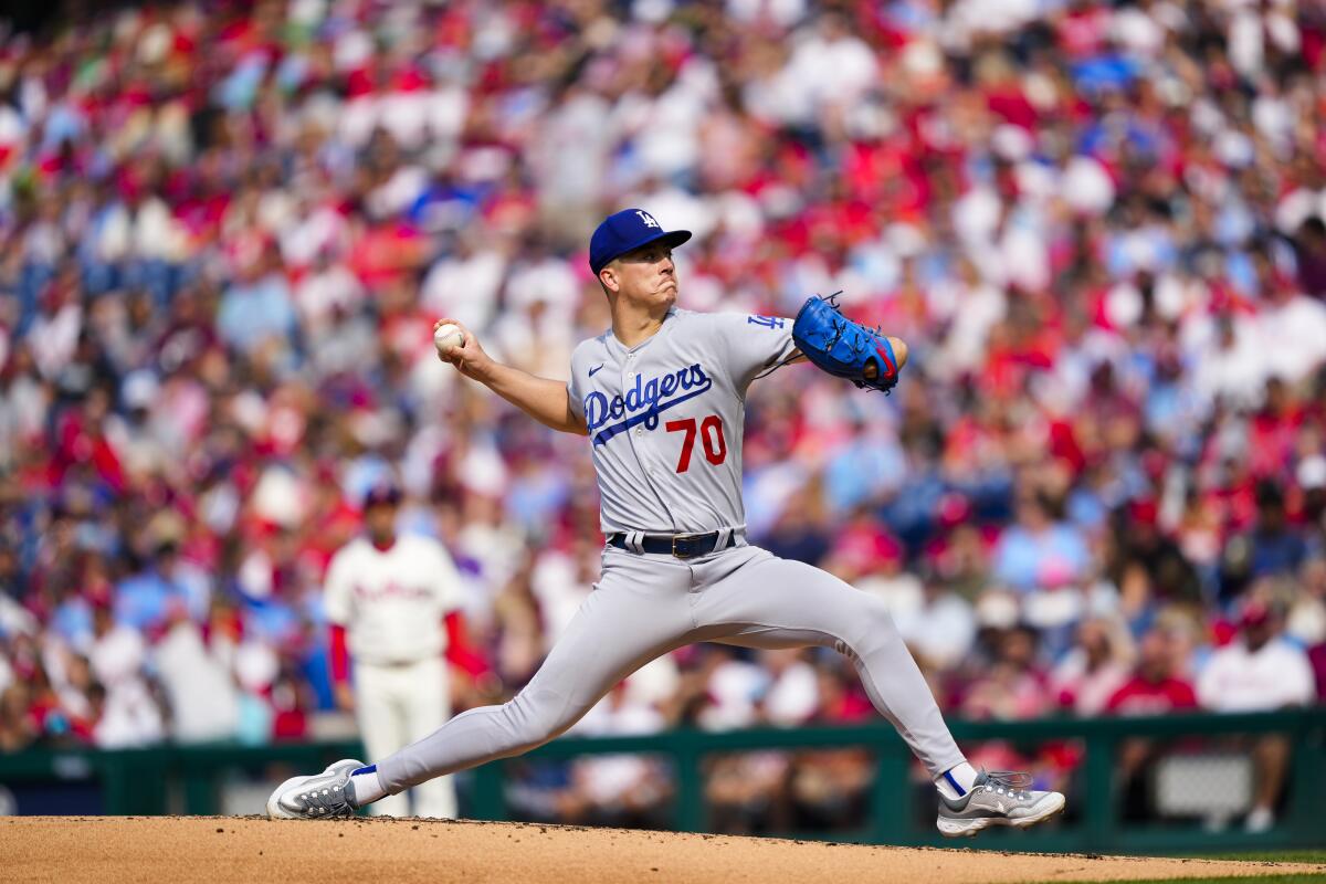 Dodgers' Bobby Miller pitches in the second inning Saturday against the Phillies in Philadelphia.