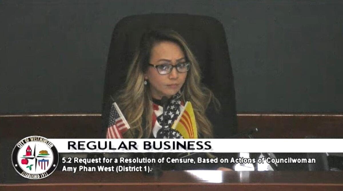 Amy Phan West makes her case against censure during the June 12 Westminster City Council meeting.