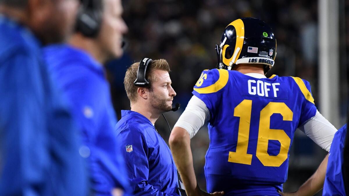 Rams head coach Sean McVay with quarterback Jared Goff at the Coliseum on Dec. 16, 2018.