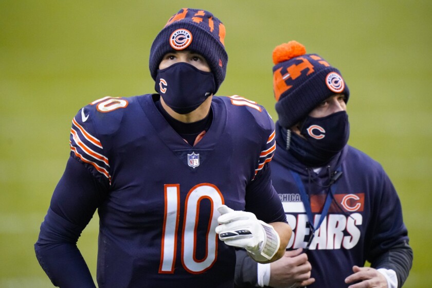 Chicago Bears quarterback Mitchell Trubisky (10) walks off the field following a 34-30 loss to the Detroit Lions in an NFL football game in Chicago, Sunday, Dec. 6, 2020. (AP Photo/Nam Y. Huh)