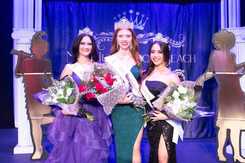 The Miss Huntington Beach court for 2024 includes (left to right) Princess Lainie Shield, Queen Ruby Brown-Bilyeu and Princess Stella Scott.