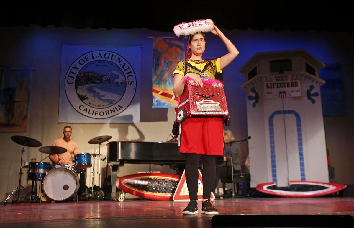 Cast member Susan Geiser rehearses a part for the Laguna Beach community parody show Lagunatics.